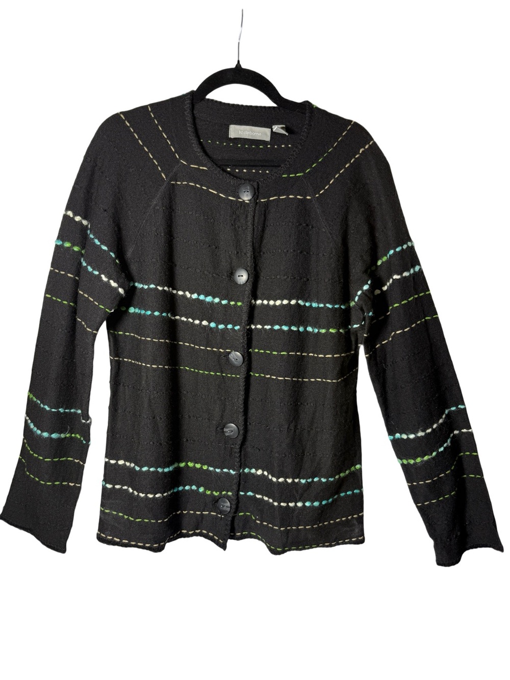 Liz Claiborne Black Button-Front Cardigan with Green & Teal Accents